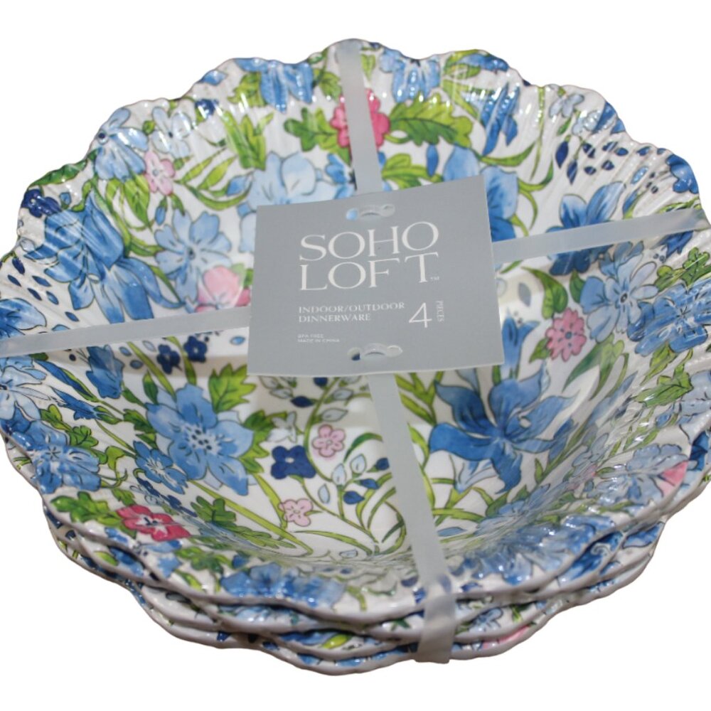 Soho Loft Blue Pink Flower Floral Scalloped Melamine 8" Soup Bowl Set of 4 NWT